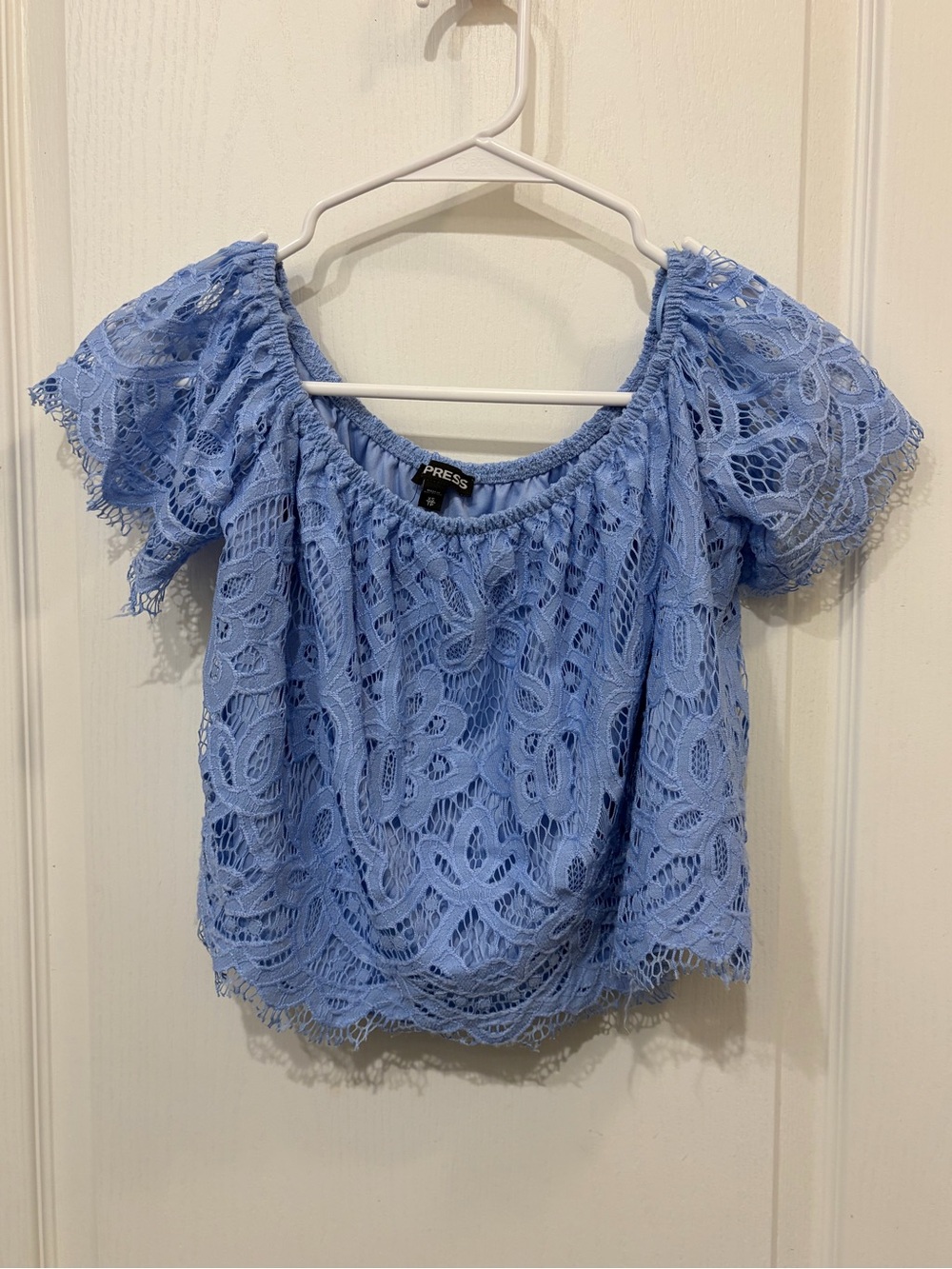 Express Light Blue Lace Off-Shoulder Crop Top